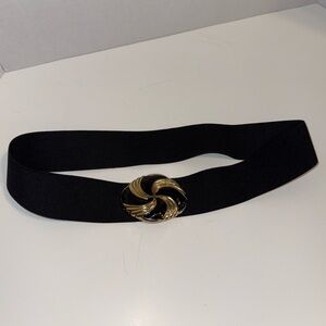 VINTAGE DAY LOR 80s black gold elastic waist hook closure statement belt 31 in